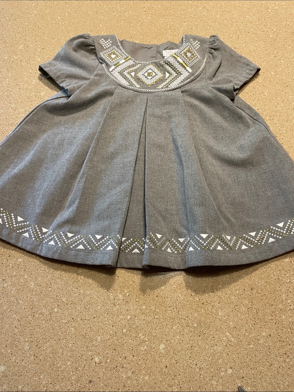 Tahari Grey Short-Sleeve Embroidered Pleated Top